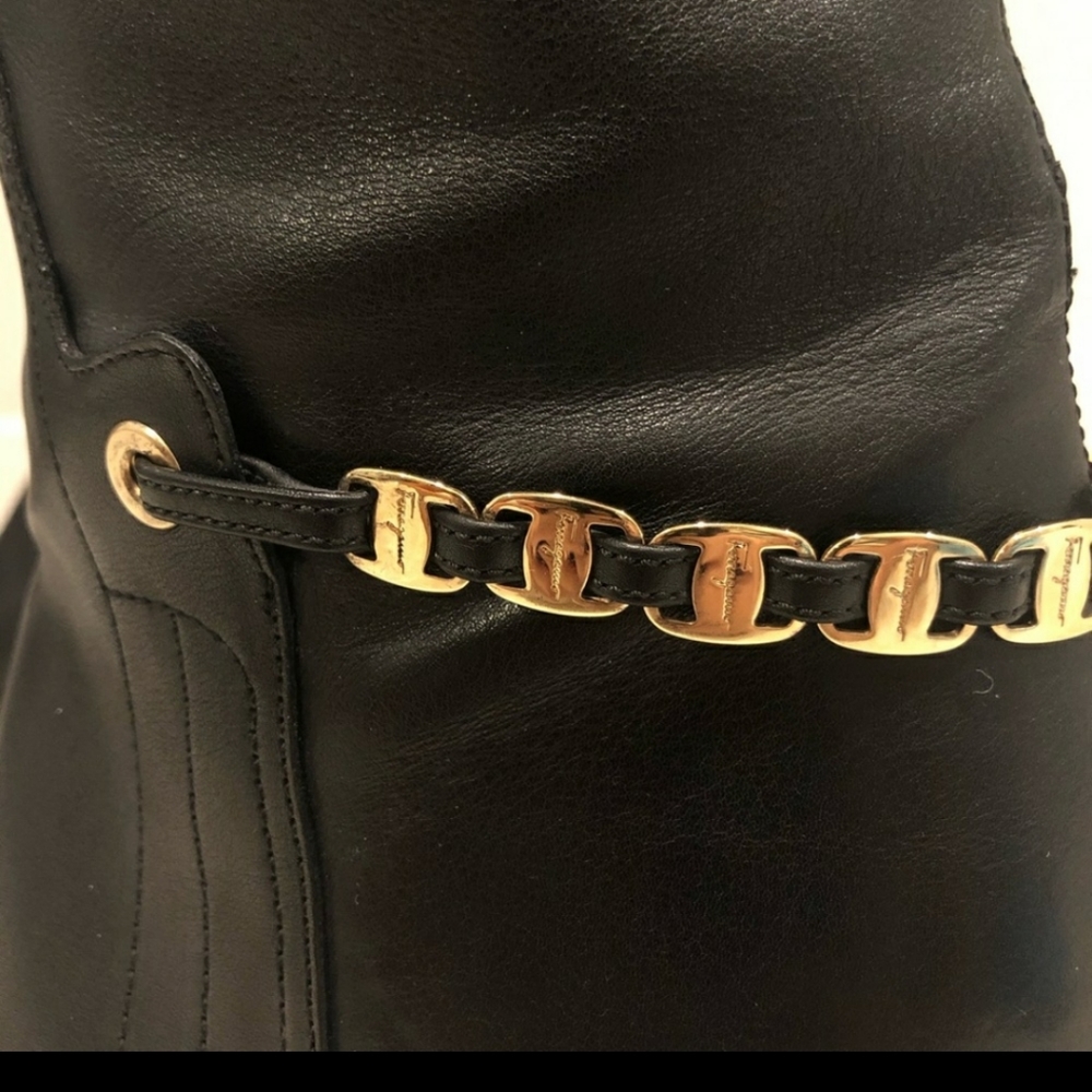 Salvatore Ferragamo Black Leather Heeled Boots with Gold Chain Trim
